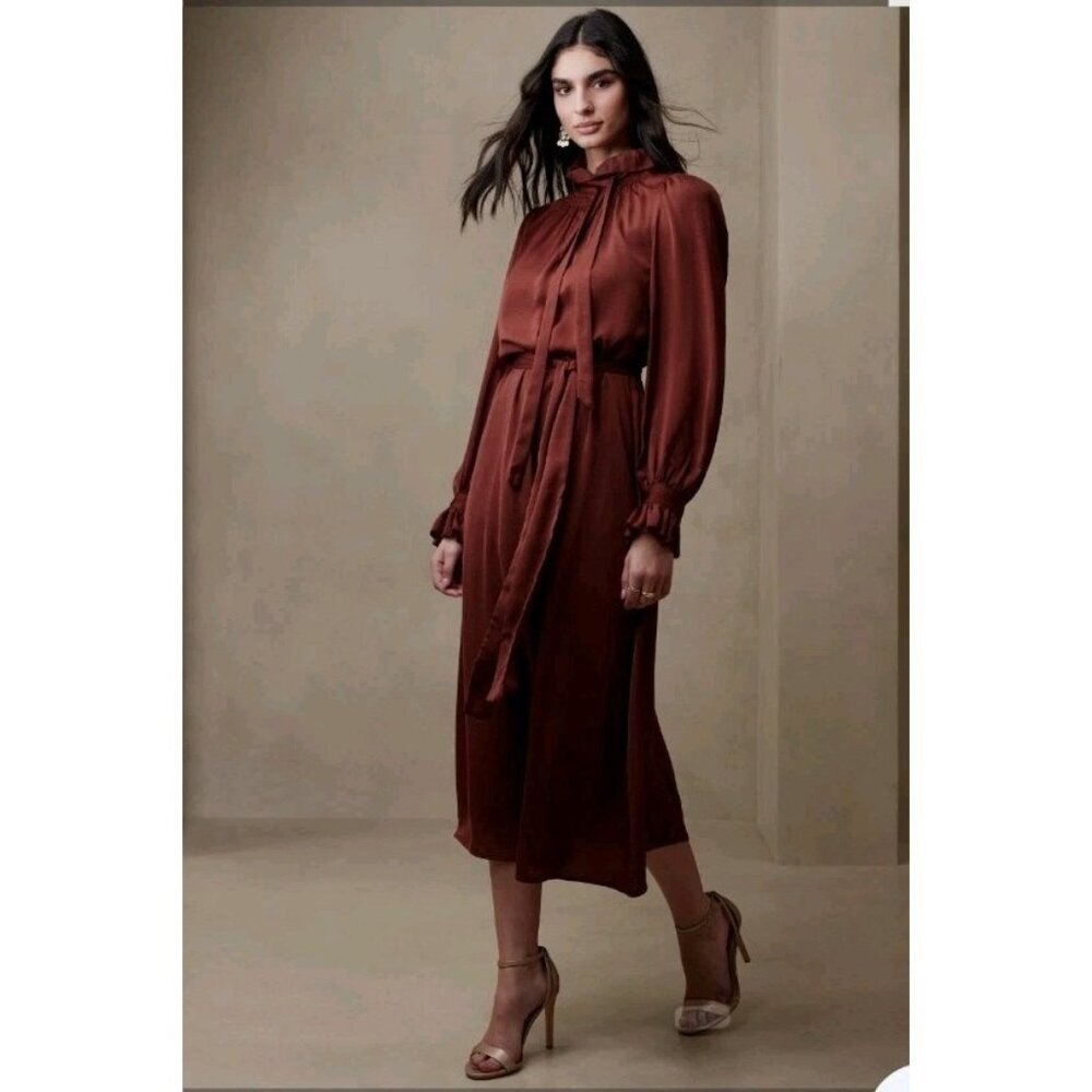 Banana Republic Fit And Flare Midi Rust Western Satin Silky High Neck Dress L